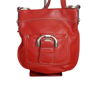 B Makowsy Red Pebbled Leather Crossbody‎ Bag with Heavy Silver Charm